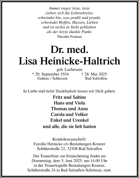 Anzeige  Lisa Heinicke-Haltrich  Lippische Landes-Zeitung