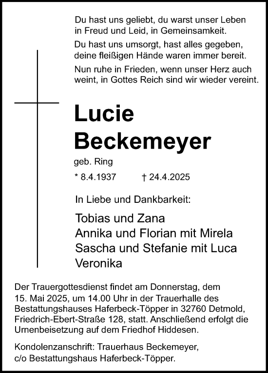 Anzeige  Lucie Beckemeyer  Lippische Landes-Zeitung