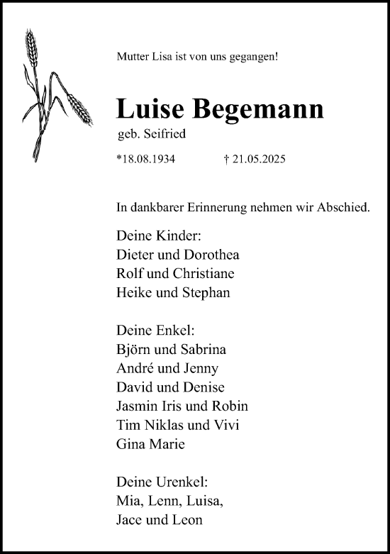 Anzeige  Luise Begemann  Lippische Landes-Zeitung