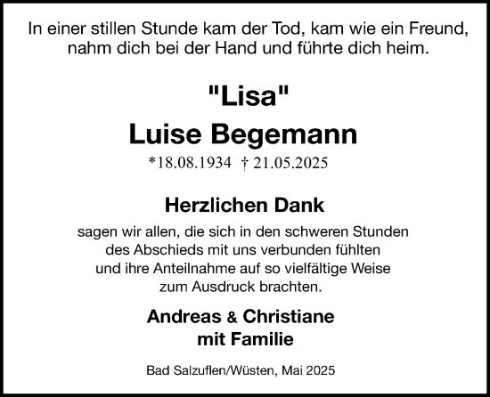 Anzeige  Luise Begemann  Lippische Landes-Zeitung