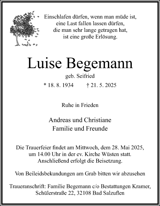 Anzeige  Luise Begemann  Lippische Landes-Zeitung