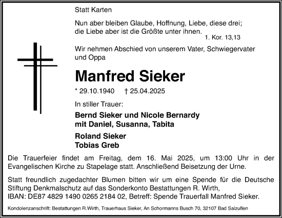 Anzeige  Manfred Sieker  Lippische Landes-Zeitung