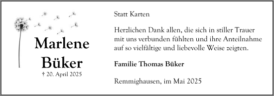 Anzeige  Marlene Büker  Lippische Landes-Zeitung