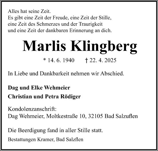 Anzeige  Marlis Klingberg  Lippische Landes-Zeitung