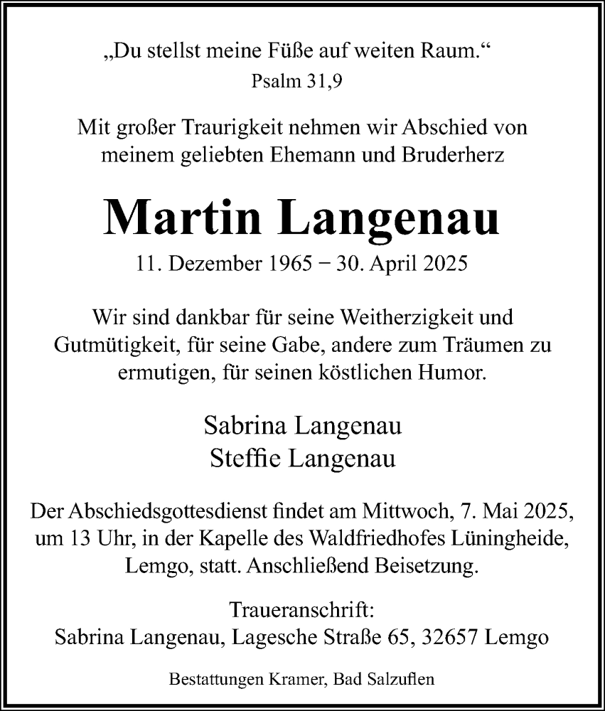  Traueranzeige für Martin Langenau vom 03.05.2025 aus Lippische Landes-Zeitung