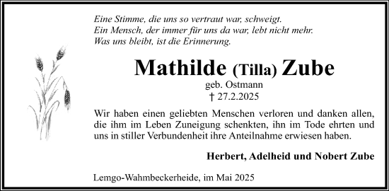 Anzeige  Mathilde Zube  Lippische Landes-Zeitung