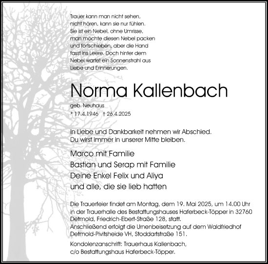 Anzeige  Norma Kallenbach  Lippische Landes-Zeitung