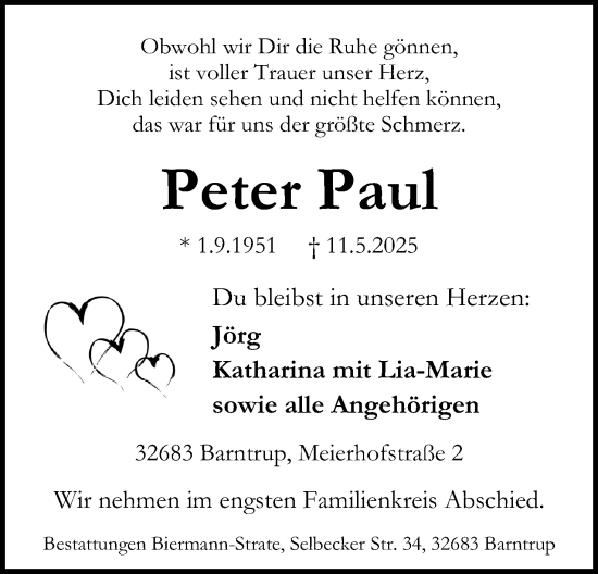 Anzeige  Peter Paul  Lippische Landes-Zeitung