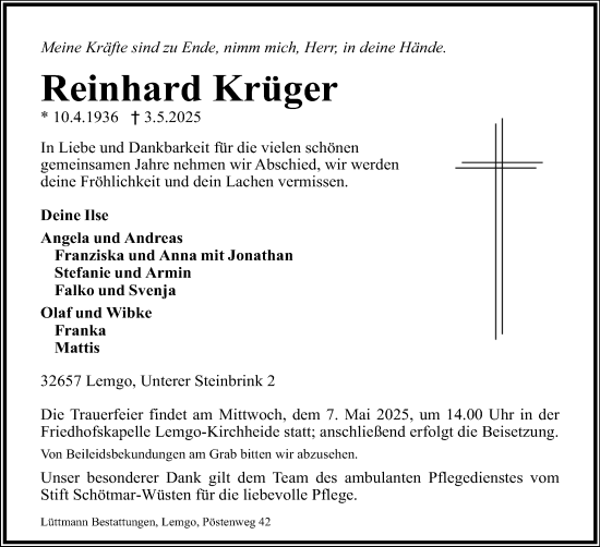 Anzeige  Reinhard Krüger  Lippische Landes-Zeitung