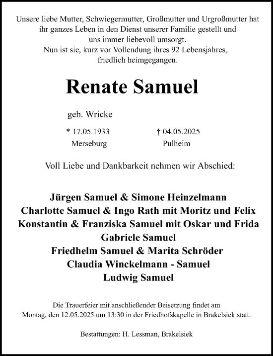 Anzeige  Renate Samuel  Lippische Landes-Zeitung