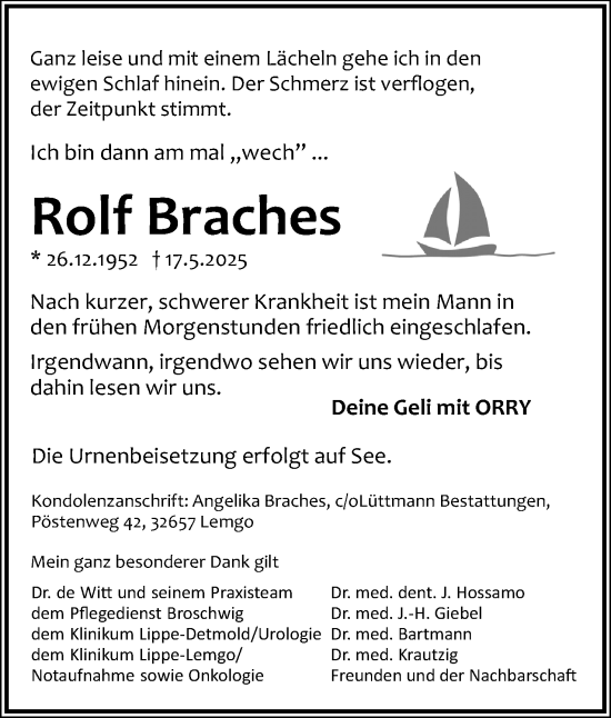 Anzeige  Rolf Braches  Lippische Landes-Zeitung