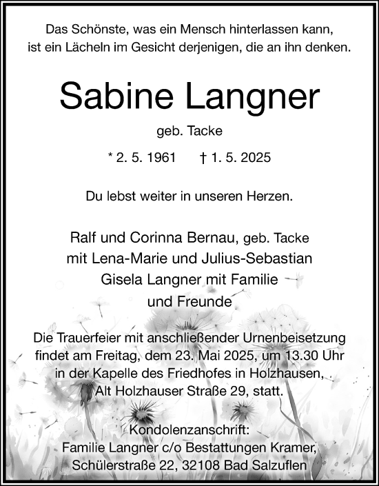 Anzeige  Sabine Langner  Lippische Landes-Zeitung