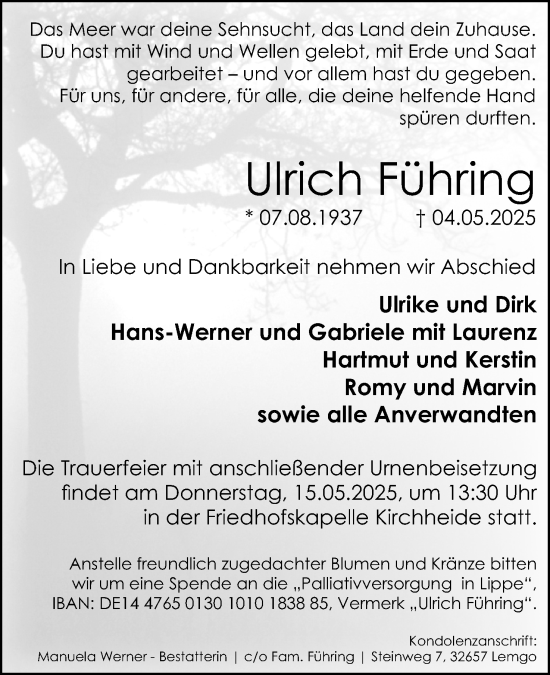 Anzeige  Ulrich Führing  Lippische Landes-Zeitung