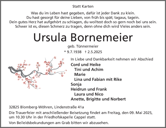 Anzeige  Ursula Bornemeier  Lippische Landes-Zeitung