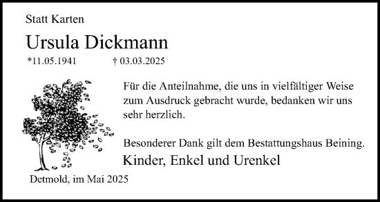 Anzeige  Ursula Dickmann  Lippische Landes-Zeitung