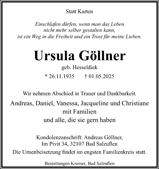 Anzeige  Ursula Göllner  Lippische Landes-Zeitung