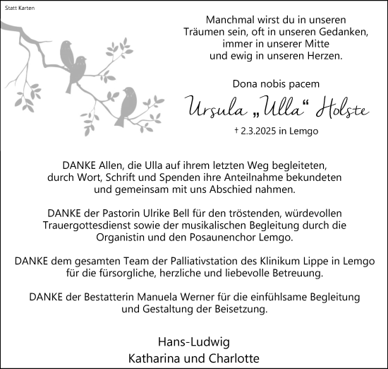 Anzeige  Ursula Holste  Lippische Landes-Zeitung