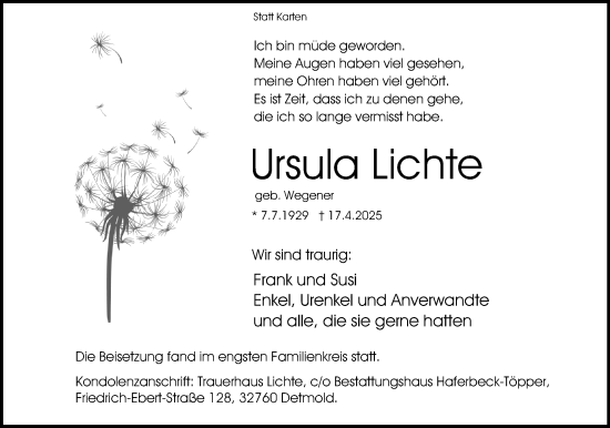 Anzeige  Ursula Lichte  Lippische Landes-Zeitung