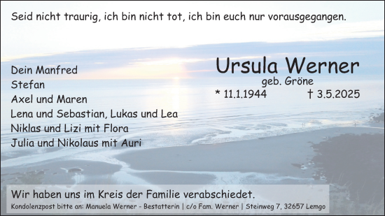 Anzeige  Ursula Werner  Lippische Landes-Zeitung