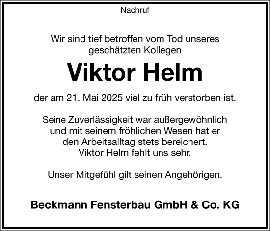 Anzeige  Viktor Helm  Lippische Landes-Zeitung