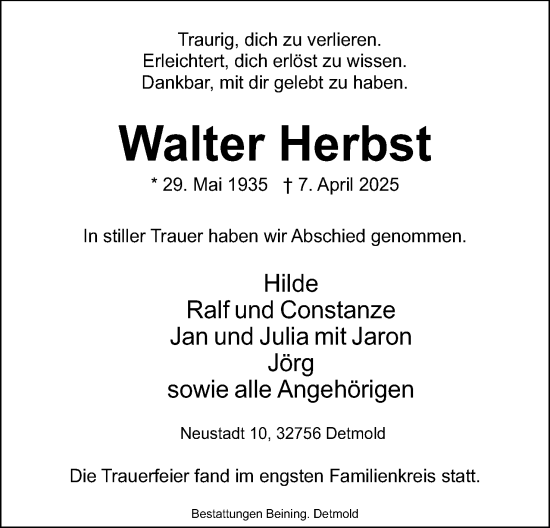 Anzeige  Walter Herbst  Lippische Landes-Zeitung