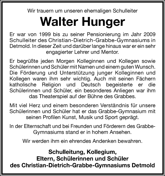 Anzeige  Walter Hunger  Lippische Landes-Zeitung
