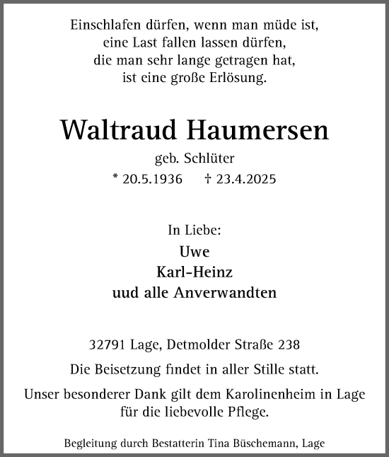 Anzeige  Waltraud Haumersen  Lippische Landes-Zeitung