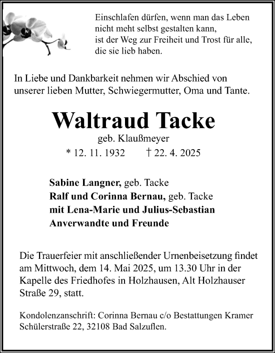 Anzeige  Waltraud Tacke  Lippische Landes-Zeitung
