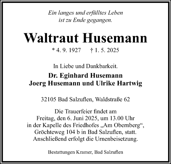 Anzeige  Waltraut Husemann  Lippische Landes-Zeitung