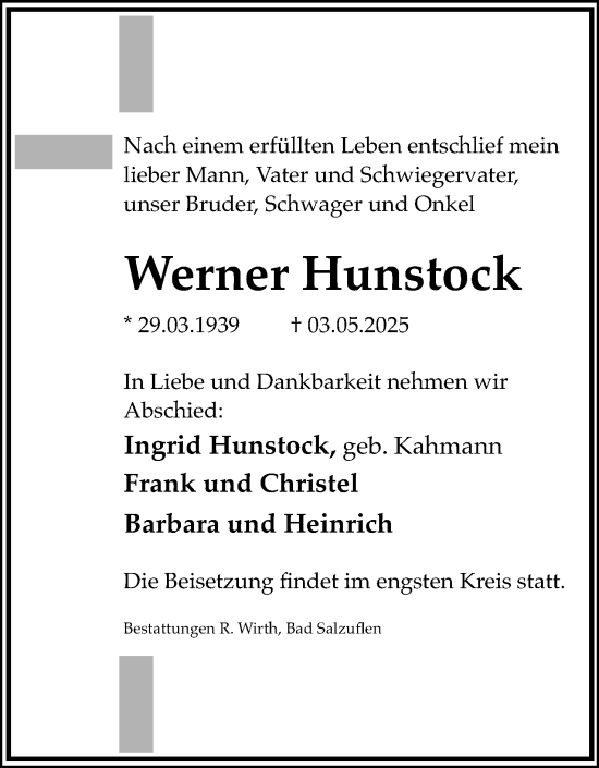 Anzeige  Werner Hunstock  Lippische Landes-Zeitung