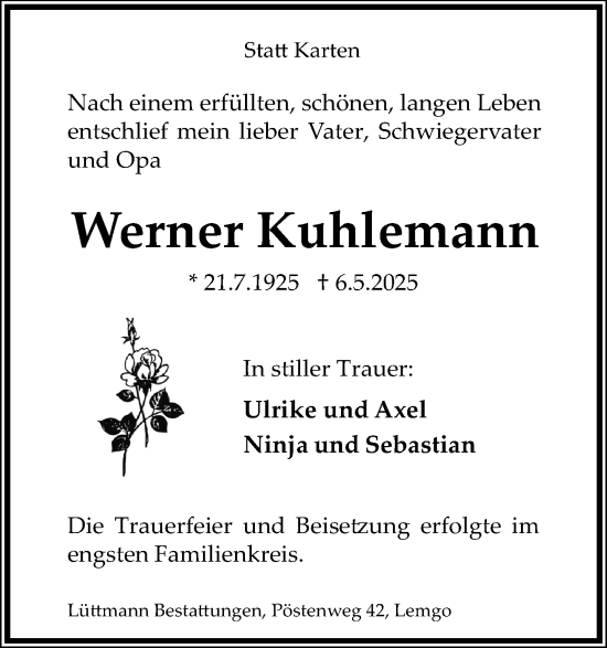 Anzeige  Werner Kuhlemann  Lippische Landes-Zeitung