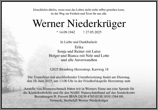 Anzeige  Werner Niederkrüger  Lippische Landes-Zeitung