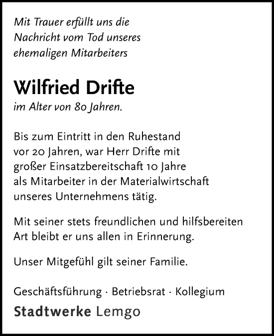 Anzeige  Wilfried Drifte  Lippische Landes-Zeitung