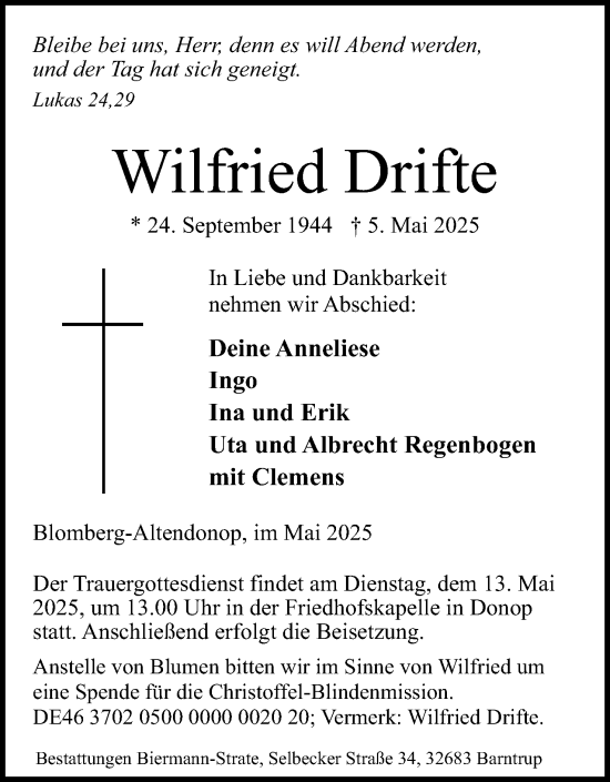 Anzeige  Wilfried Drifte  Lippische Landes-Zeitung