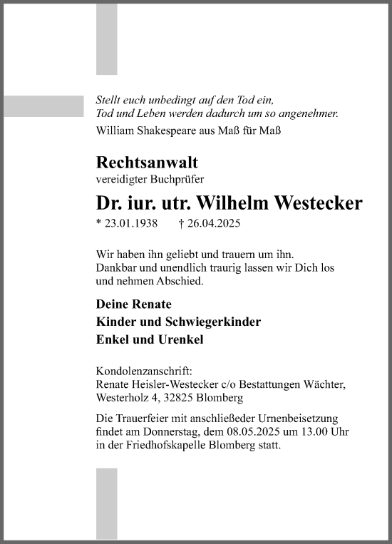 Anzeige  Wilhelm Westecker  Lippische Landes-Zeitung