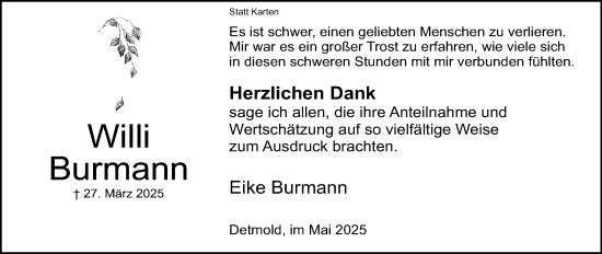 Anzeige  Willi Burmann  Lippische Landes-Zeitung