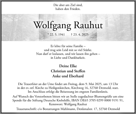 Anzeige  Wolfgang Rauhut  Lippische Landes-Zeitung