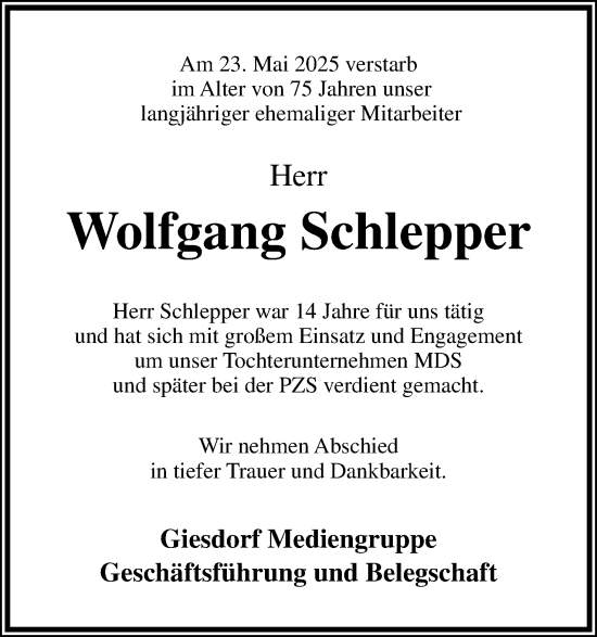 Anzeige  Wolfgang Schlepper  Lippische Landes-Zeitung