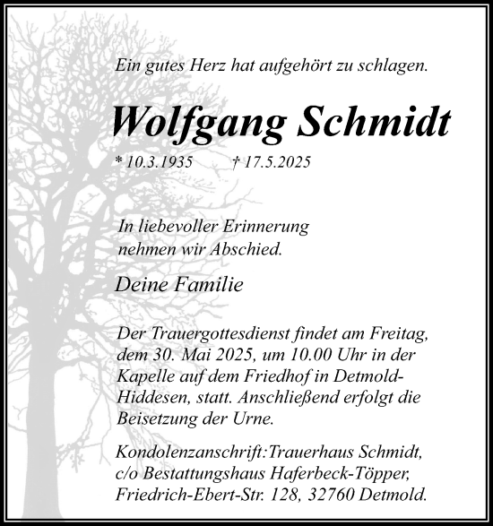 Anzeige  Wolfgang Schmidt  Lippische Landes-Zeitung