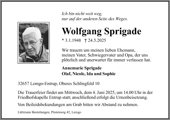 Anzeige  Wolfgang Sprigade  Lippische Landes-Zeitung