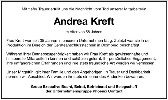 Anzeige  Andrea Kreft   Lippische Landes-Zeitung