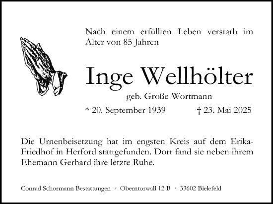 Anzeige  Inge Wellhölter  Lippische Landes-Zeitung