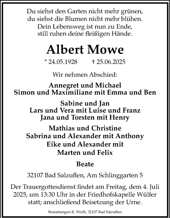Anzeige  Albert Mowe  Lippische Landes-Zeitung