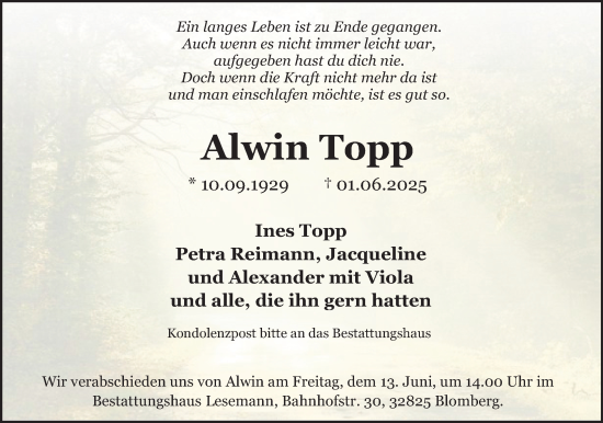 Anzeige  Alwin Topp  Lippische Landes-Zeitung