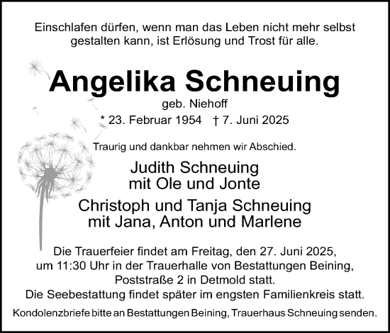 Anzeige  Angelika Schneuing  Lippische Landes-Zeitung
