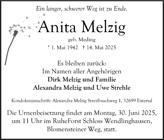 Anzeige  Anita Melzig  Lippische Landes-Zeitung