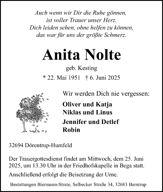 Anzeige  Anita Nolte  Lippische Landes-Zeitung
