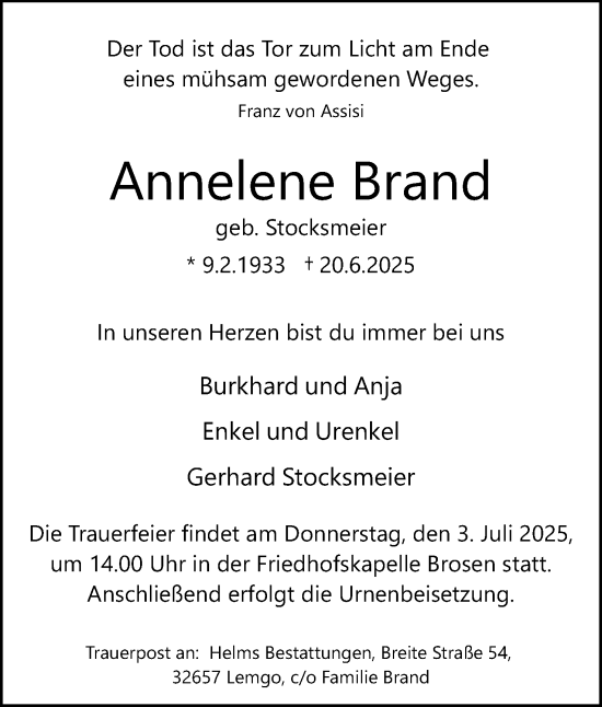 Anzeige  Annelene Brand  Lippische Landes-Zeitung