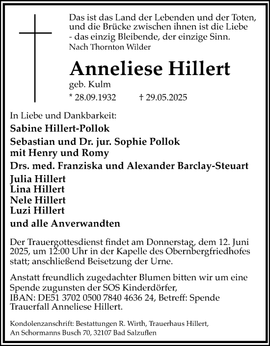 Anzeige  Anneliese Hillert  Lippische Landes-Zeitung
