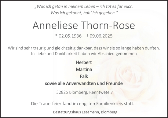 Anzeige  Anneliese Thorn-Rose  Lippische Landes-Zeitung